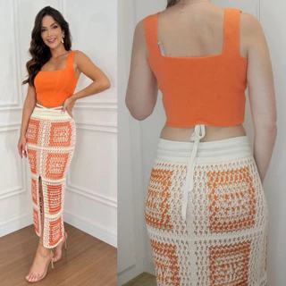 Saia Longa Trico Crochê Forrada Moda Luxo Modal Trançada Varias Cores Tamanho Unico
