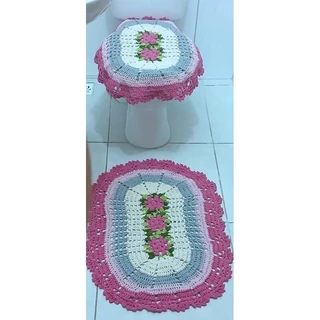 Kit Banheiro /Jogo Tapete Crochê Oval 2 peças Decoração Banheiro