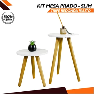 Conjunto de Mesinhas Canto E Apoio Pe Palito Madeira Tripe Porta Quadros E Objetos MDF Branco