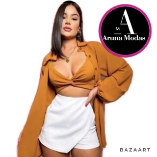conjunto camisa e croppet lisos e listrado com tiras de amarraçao