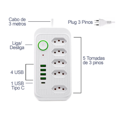 Régua Filtro de Linha com 7 Tomadas Extensão Elétrica 1 Universal 4 USB Bivolt 10A 110v/220v-YX