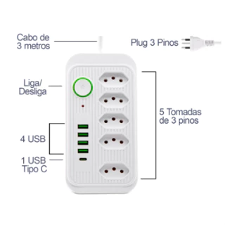 Régua Filtro de Linha com 7 Tomadas Extensão Elétrica 1 Universal 4 USB Bivolt 10A 110v/220v-YX