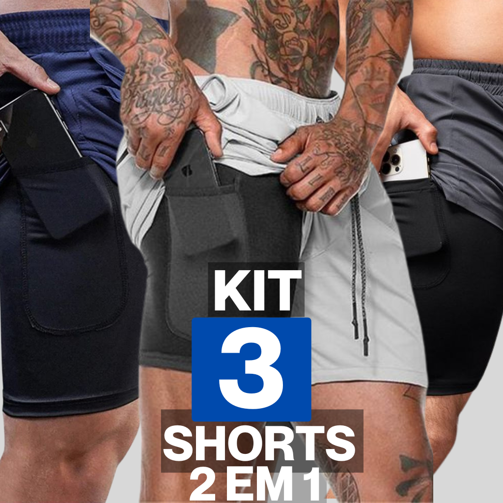 Kit 3 Shorts Masculino 2 em 1 Compressão ideal Para Corrida, Treino, Academia