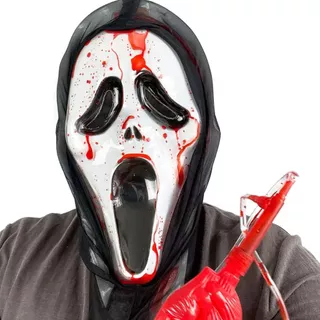 Máscara Pânico Grito Escorre Jato de Sangue Realista com Capuz- Fantasia Halloween Decoração