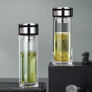 Kit 2 Garrafa de Vidro Copo Com Infusor de Chá em Inox Camada Dupla Com Isolamento Térmico Copo Resistente a Alta Temperatura 400ml - 2 Unidades
