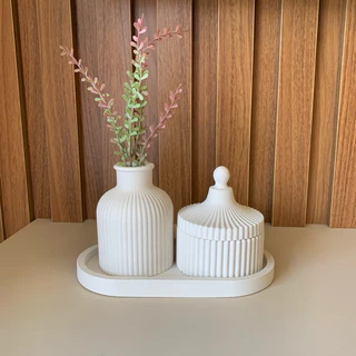 kit decoração 3 peças de gesso com planta decorativa efeito marmorizado / vaso decorativo asthetics