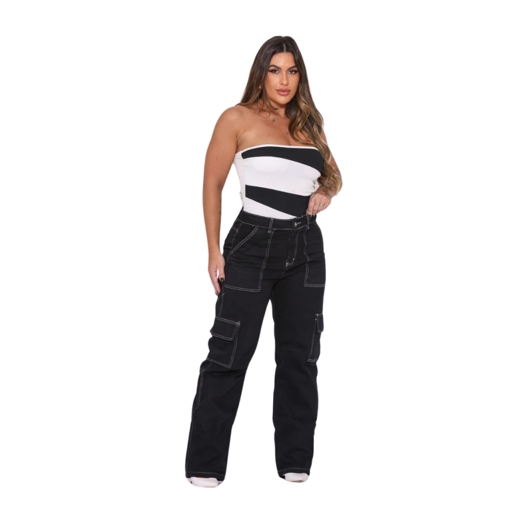 Calça Feminina Cargo Sarja Preta Costura Branca Bolso Lateral | Shopee ...