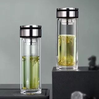 Kit 2 Garrafa de Vidro Copo Com Infusor de Chá em Inox Camada Dupla Com Isolamento Térmico Copo Resistente a Alta Temperatura 400ml - 2 Unidades