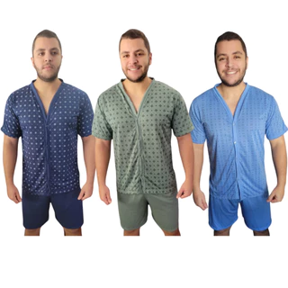 pijama masculino aberto com botões manga curta e Short Verão em Oferta na Shopee