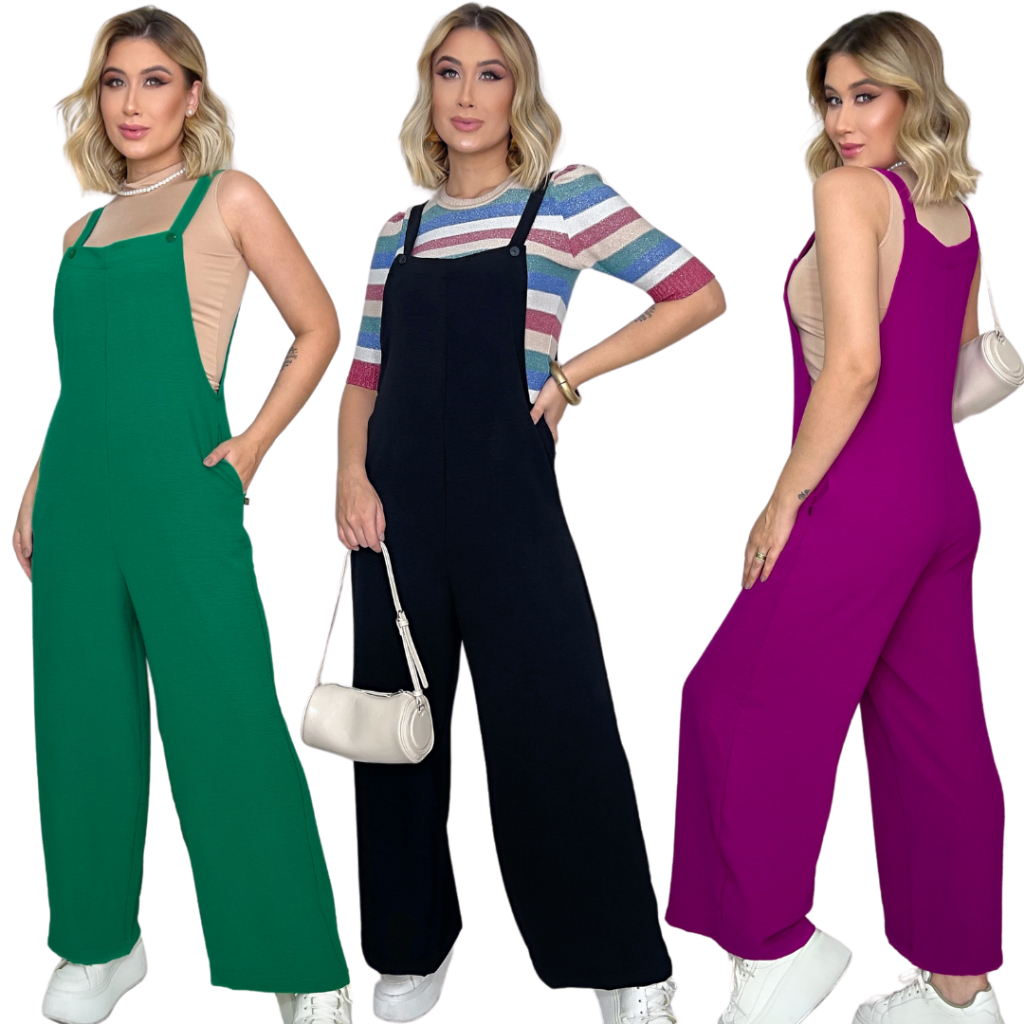 Macacão Jardineira Feminino Longo Casual Liso Jardineira Gestante Crepe ...