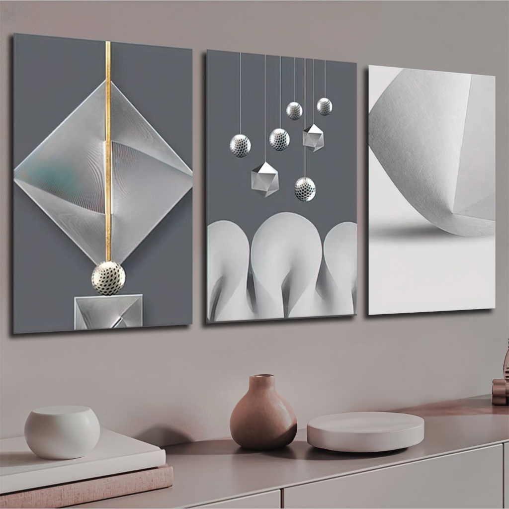 Quadros Decorativos Conceitual Arte Abstrata Cinza Moderno 3 Peças Para Quarto Sala Grande