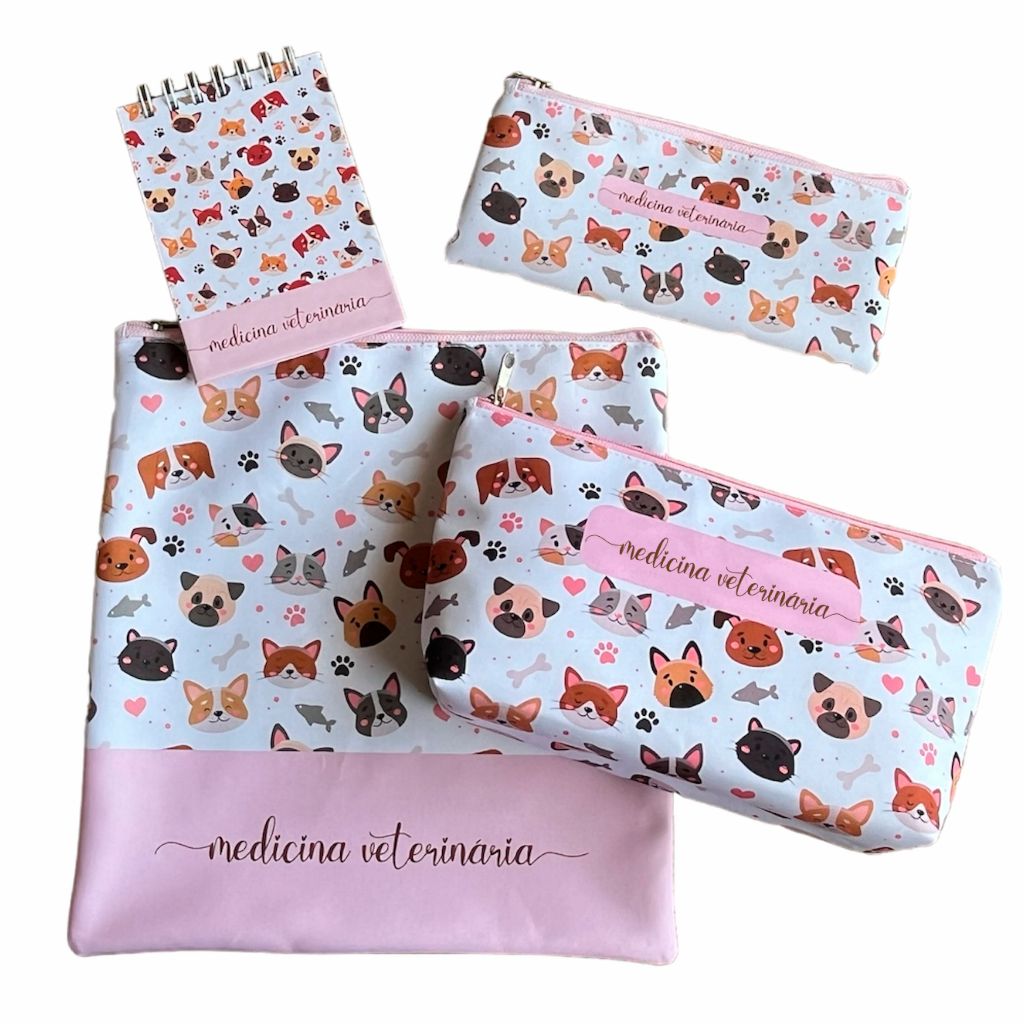 Kit Medicina Veterinária Porta Jaleco Necessaire Estojo Slim e Bloco
