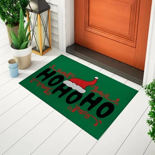 Capacho Divertido Para Casa Tapete Com Tema Natalino - Ho Ho Ho Chapéu - Fundo Verde Ca917