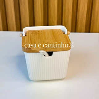 Saleiro Açucareiro Porta Sal Saleira de Mesa Cerâmica com Tampa de Bambu e Colher Decorativo