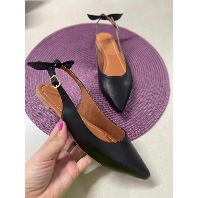 Sapatilha Feminina Confortável Preta Aberta com Laço Bico Fino Slingback