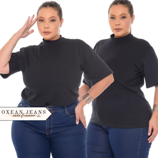 Blusa Feminina Plus Size Gola Alta Camiseta Lisa Algodão