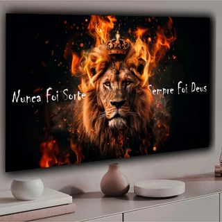 Quadros Decorativos 112X80 Leão de Judá Rei Fogo Nunca Foi Sorte Sempre Foi Deus Sala Escritório