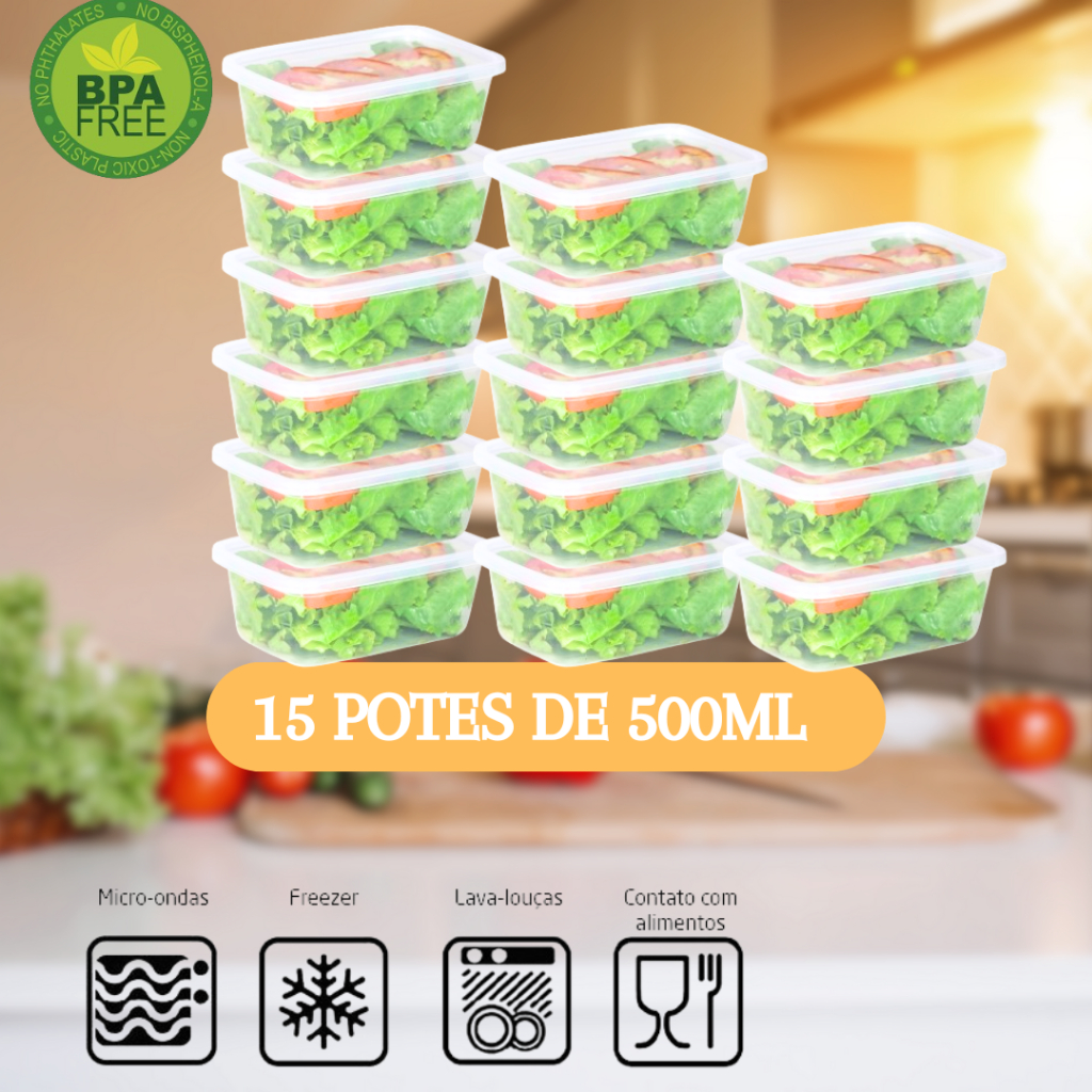 Kit 15 Potes Marmita Fitness 500 ml Para Freezer e Microondas BPA Free Transparentes Tampa Colorida Organizador de Alimentos