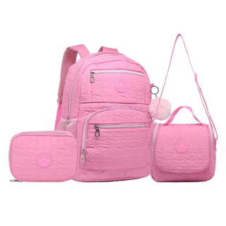 Kit 4 Mochila Com Bolsa Térmica Com Estojo Com Pompom Feminina Para Escolar Viajar Multineos