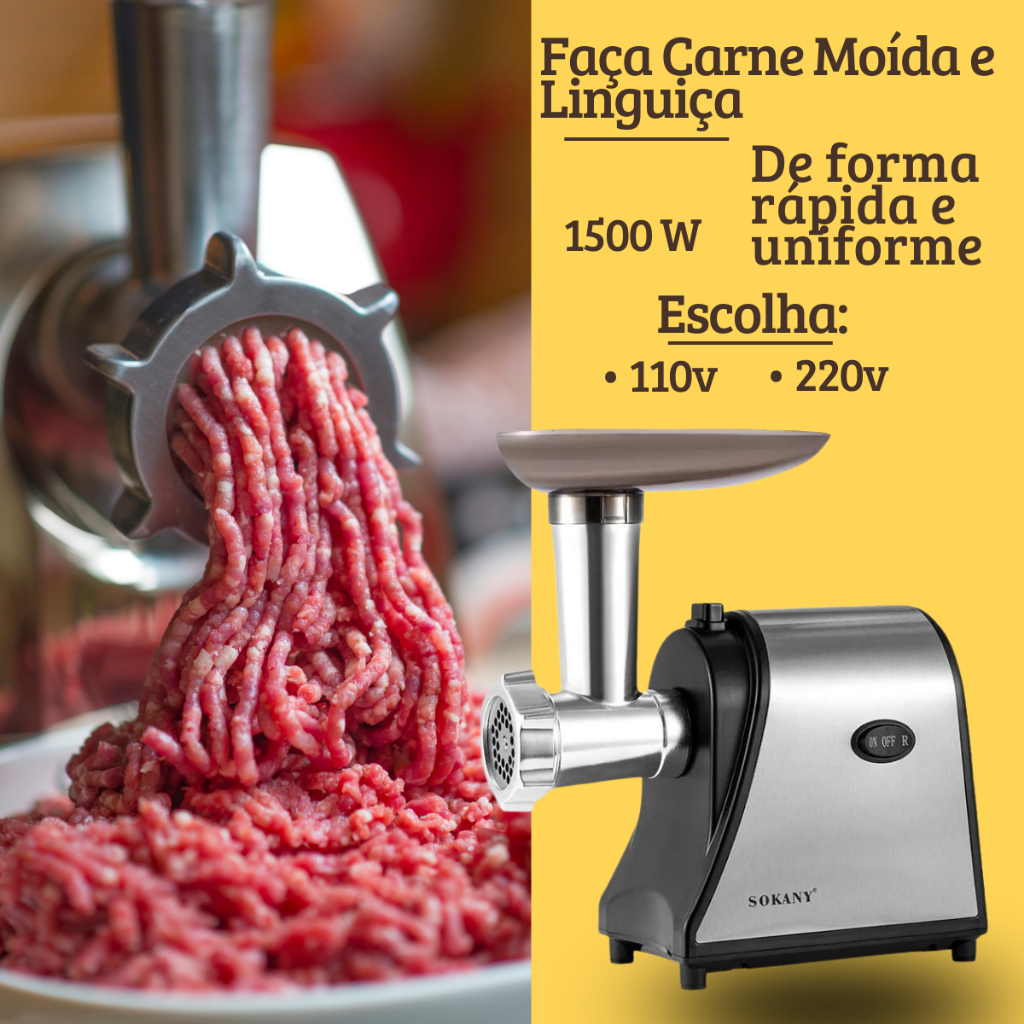 Máquina Moer Moedor De Carne Elétrico 1500W Faz Linguiça Carne Frango