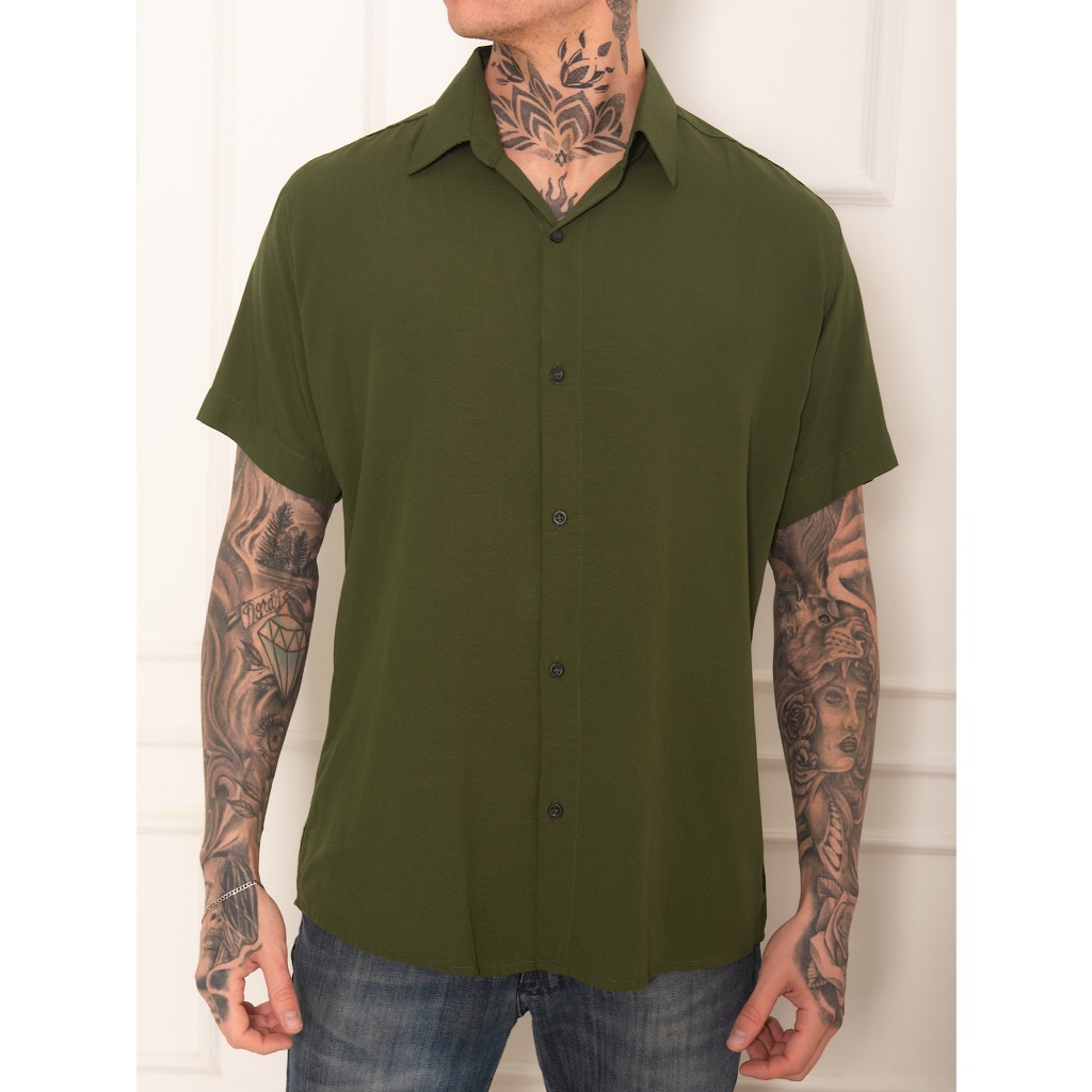 Camisa Social Masculino Manga Curta De Botão Lisa