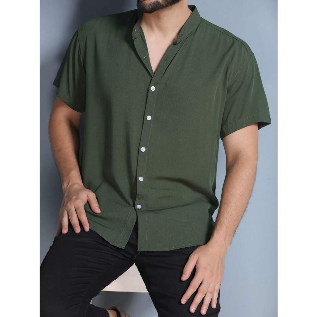 Camisa manga curta social masculina de linho com gola padre - camisa para verão - camisa fresca - moda praia