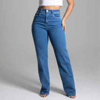 Calça Wide Leg Sawary Jeans Original Elastano Lycra Cintura Alta Moda Feminina Roupas Femininas