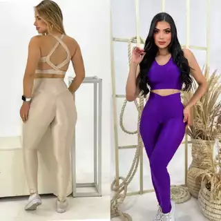 Conjunto Top Legging Canelado Top Com Bojo Costura Reforçada Academia Poliamida Premium