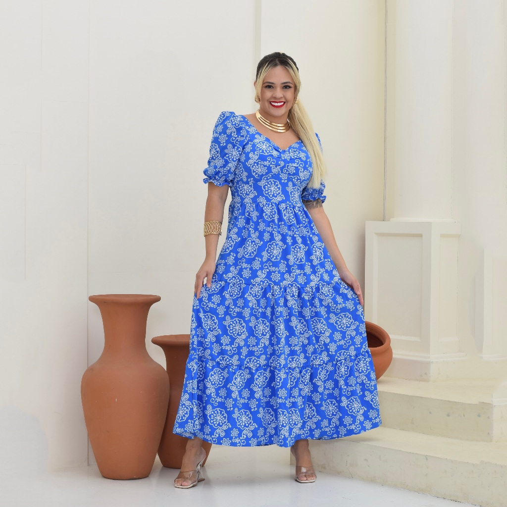 Vestido Longo feminino 3 marias estampa Floral em crepinho com Manga ...