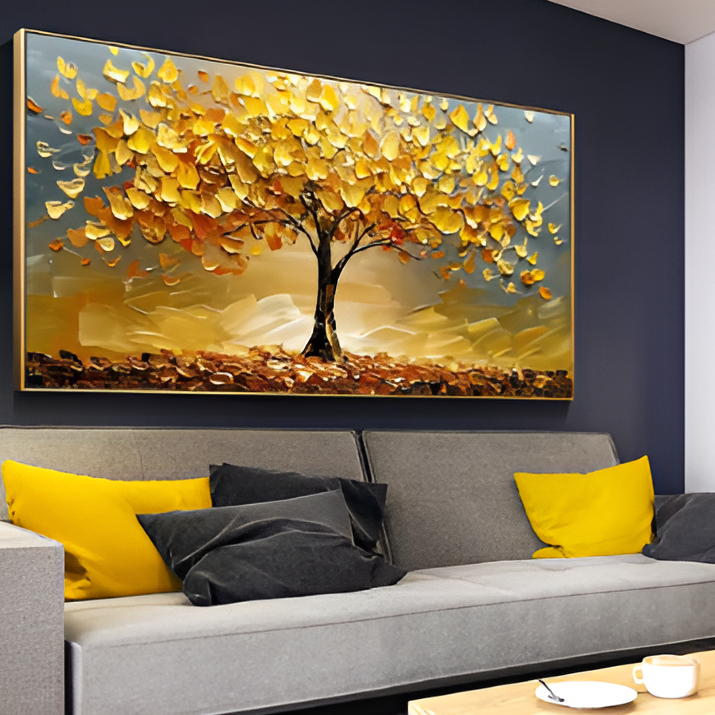 Quadro Grande 112x80 Decoração Casa Sala Quarto Escritório Luxo Flor Árvore Amarela Dourada Paisagem
