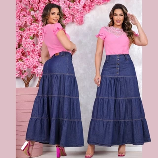 Saia Longa Jeans Saia 3 Marias Cintura Alta Tecido Algodão