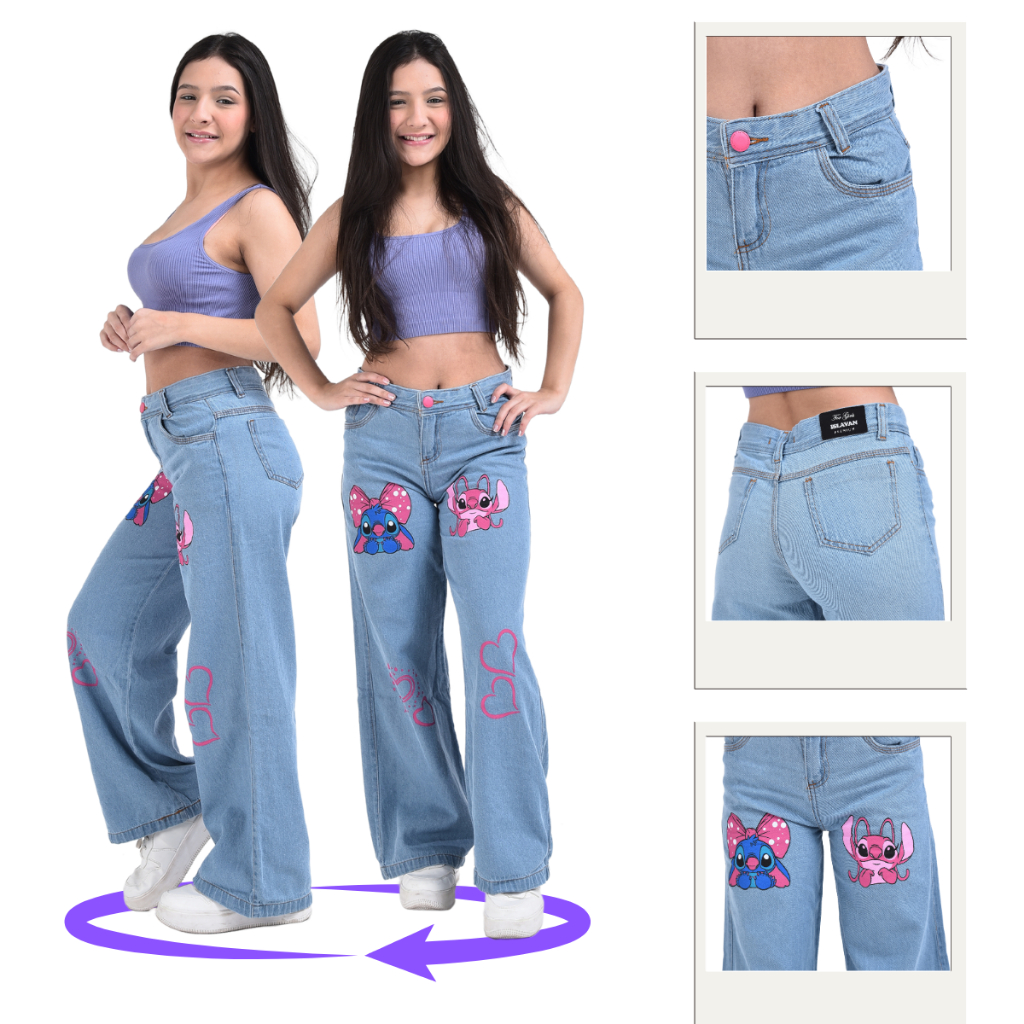 Calça do Stitch jeans wide leg infantil juvenil menina com desenho