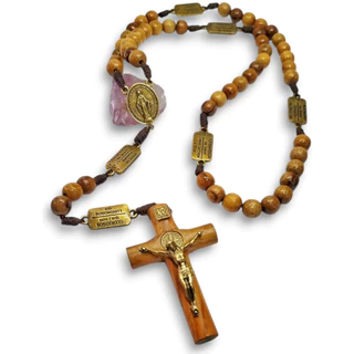Terço Nossa Senhora das Graças com Mistérios do Rosário Completo no Pai Nosso Madeira Rústica Colar Pescoço