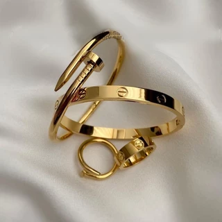 Conjunto Braceletes Aço inoxidável e Anéis Prata ou Dourado Kit Acessórios Femininos Anel Pulseira