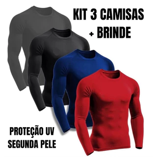 Kit com 3 camisas Manga Longa Segunda Pele Uv Proteção Solar Unissex Masculina Feminina