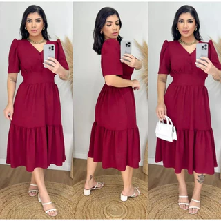 Vestido Midi Liso Duna Feminino Com Elastex Atrás na cintura / Manga Bufante / Gola V ref:V026