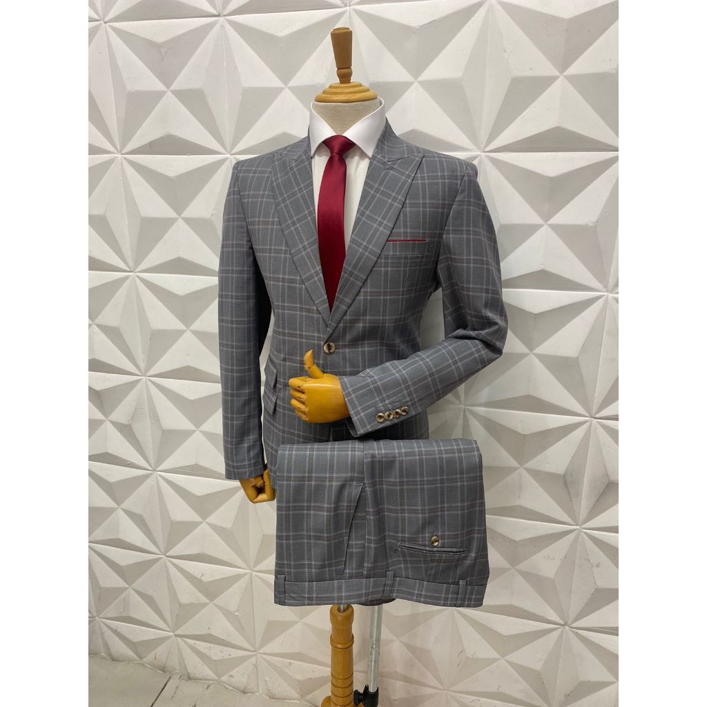 Terno Slim Cinza Claro Poliviscose 3 bolsos Principe de Gales