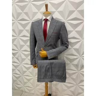 Terno Slim Cinza Claro Poliviscose 3 bolsos Principe de Gales