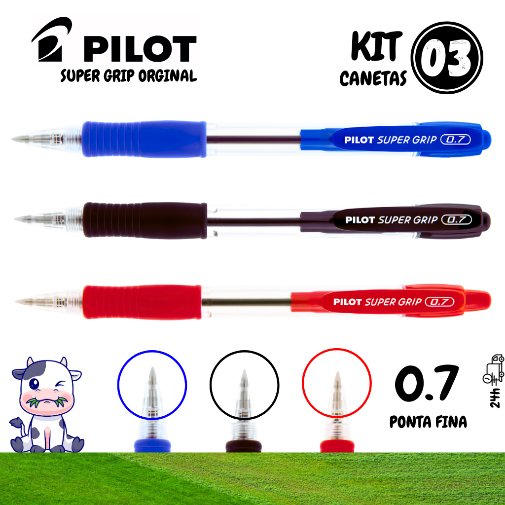 KIT 03 Canetas Pilot Super Grip Ponta Fina 0.7mm Esferográficas Azul Preta Vermelha