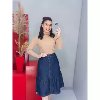 Saia jeans 100% Zagut Saia moda evangélica cristã jeans escuro casual
