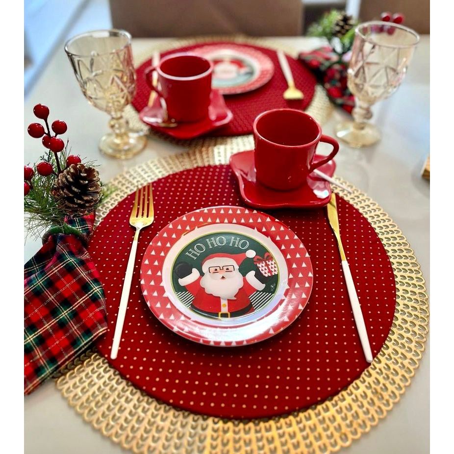 Kit 12 Peças Natal Sousplat + Guardanapos Completo Tricoline 100% Algodão Decoração Mesa Vermelho