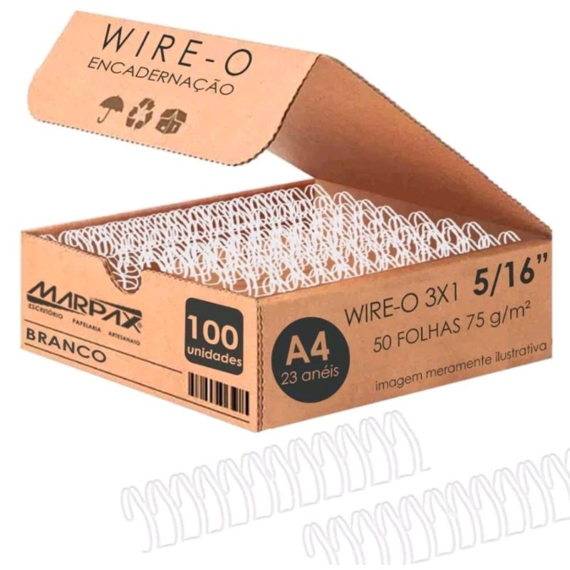 Arame Wire-o para Encadernação 3x1 A4 Branco 5/16 até 50fls 100un