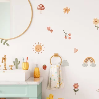 Kit Adesivos de Parede Infantil Boho Aquarela: Sol, Cacto, Flores, Nuvem, Sol, Ramos, Estrelas e Cogumelos
