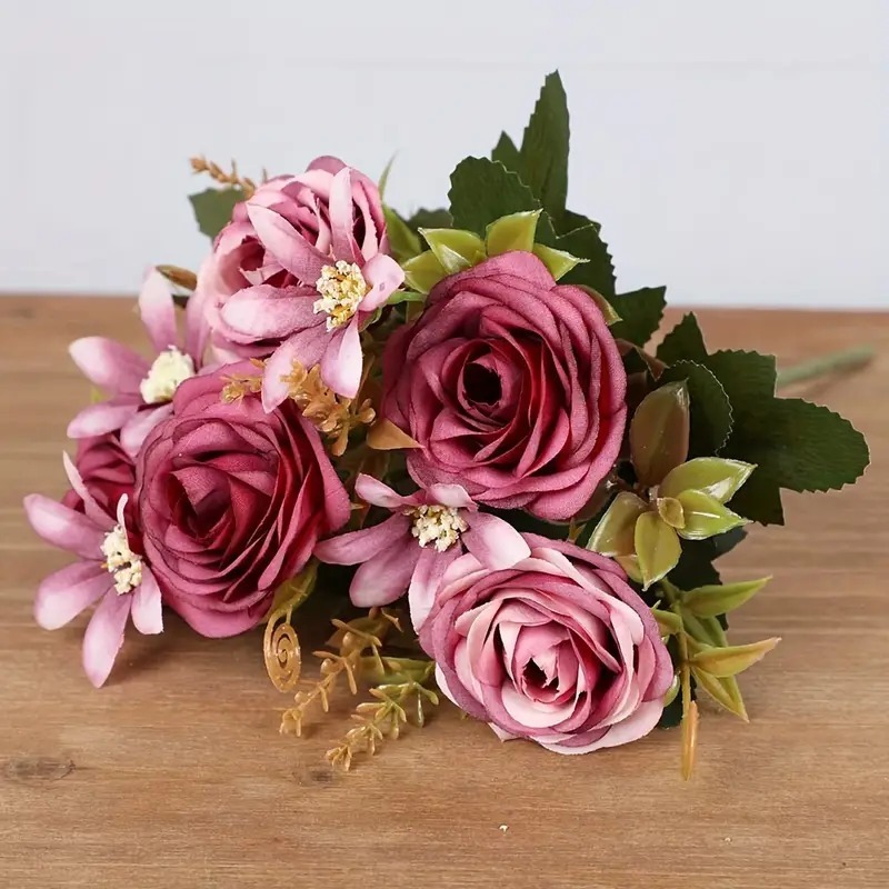 Flores Artificiais buquê de rosa 29 cm decoração de casa triângulo