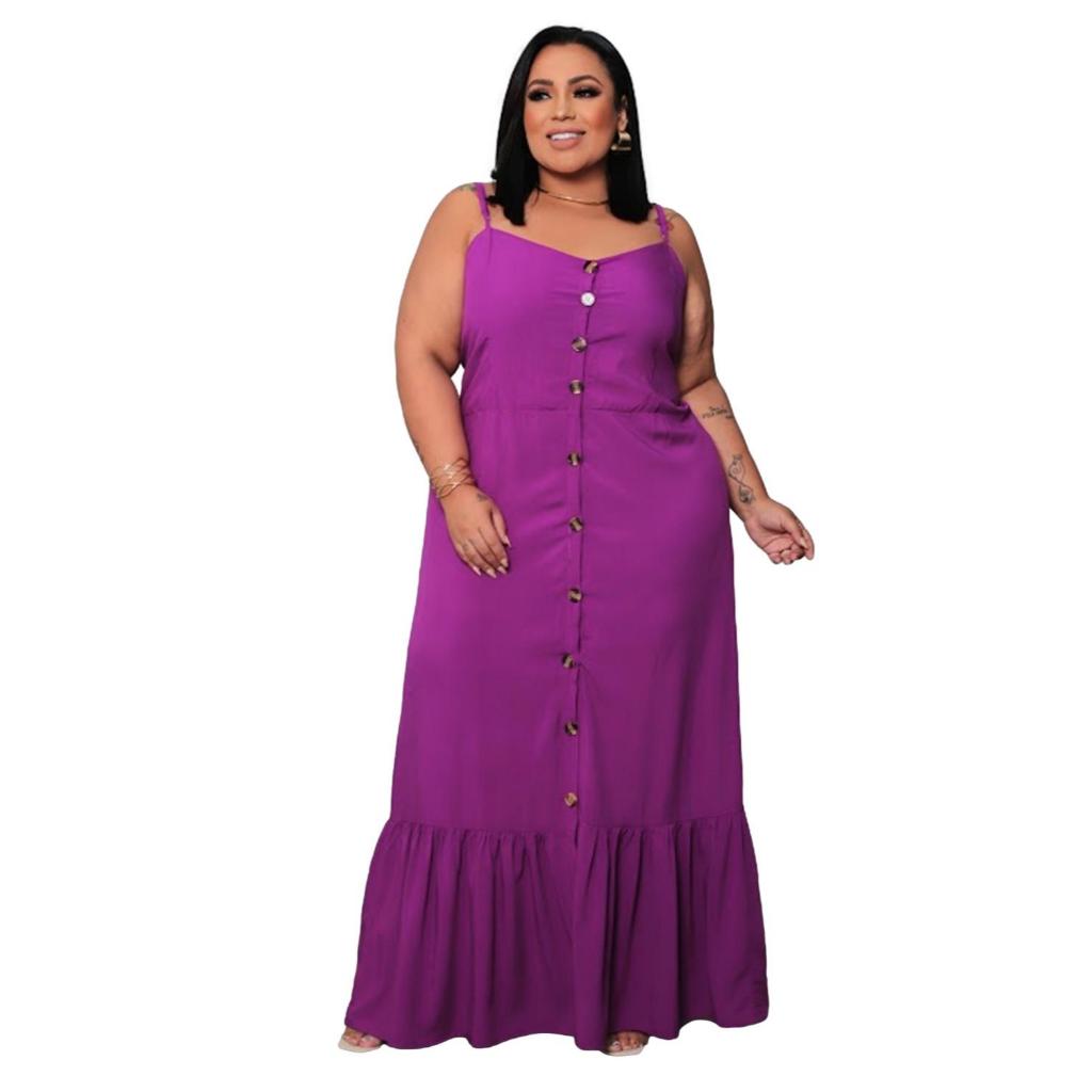 Vestido Alça Plus Size Viscose Detalhe Botão Na Frente com Babados
