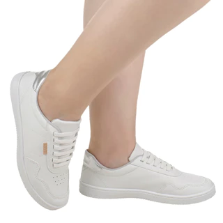 Tênis Branco Casual Feminino Confort Calce Fácil Cadarço Elástico Sola Baixa Clássico e Leve 28041