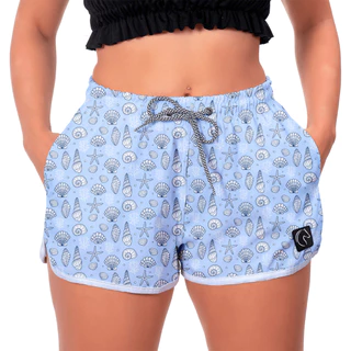 Short Feminino Moda Praia Premium Estilo Casual Soltinho Com Bolsos e Secagem Rápida Conchas Azul
