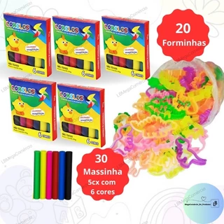 Kit 30 Unidades de Massinha + 20 moldes Forminhas Sortidas para modelar Infantil (5 caixas 65gr)