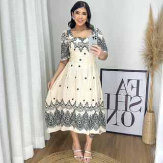 Vestido midi viscolinho estampado forrado elegante manga curto 8157
