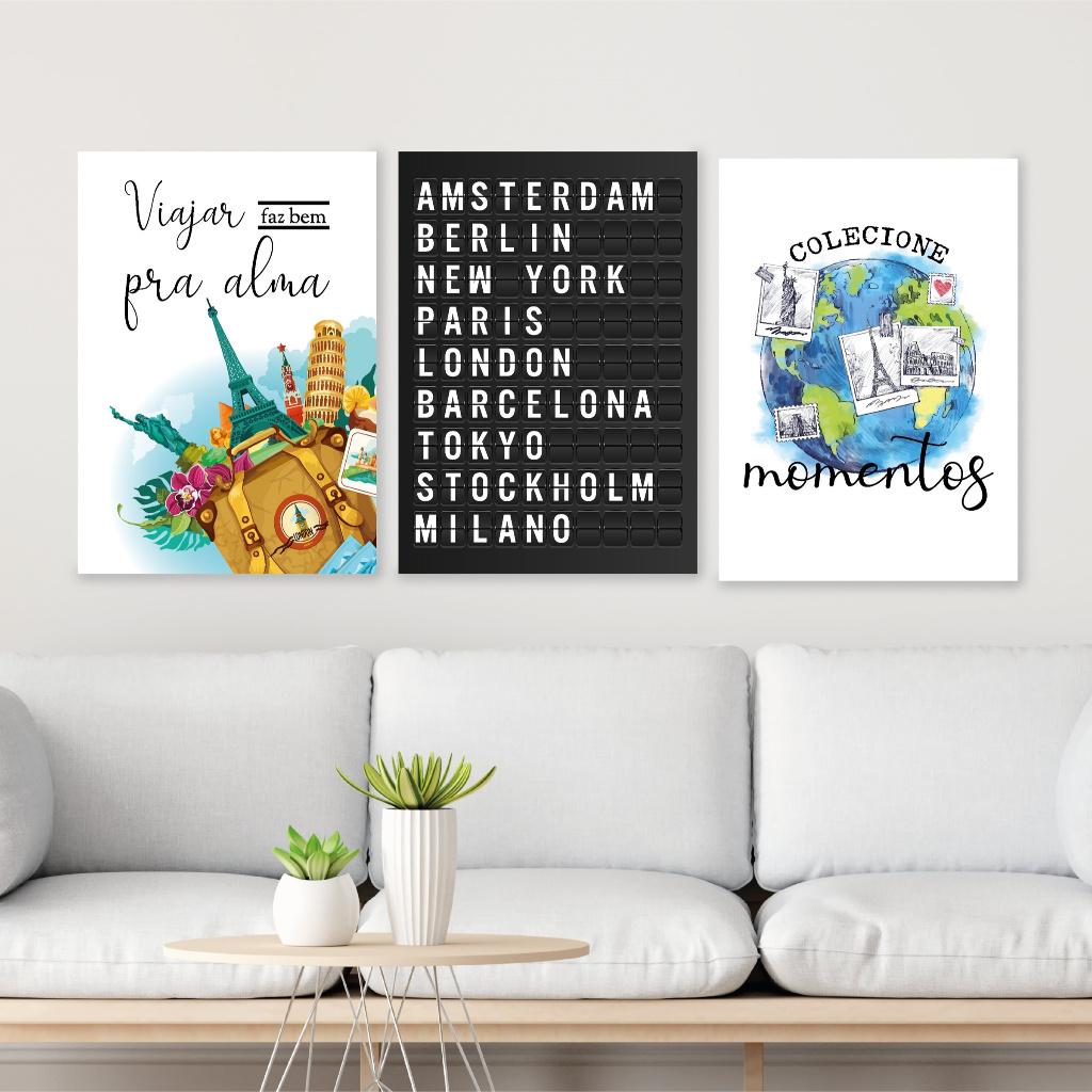 Kit 3 Quadros Turismo Decorativos Agencia De Viagem 28x40cm